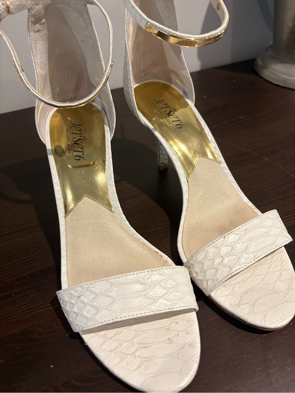Michael Kors White Textured Ankle-Strap Heels with Gold Insole
